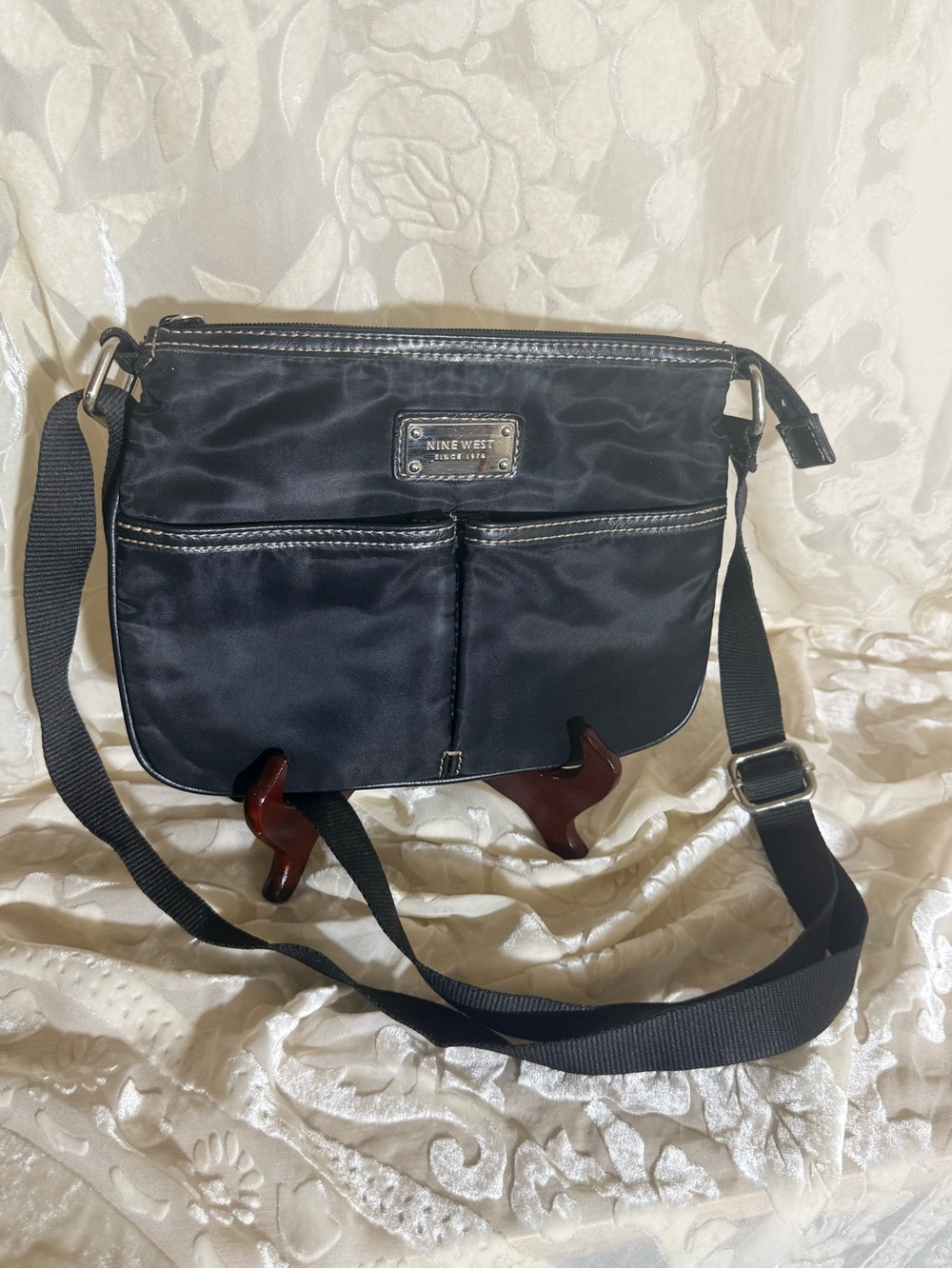 Nine West Vintage Y2K Black Nylon Crossbody Bag Double Pocket Utility